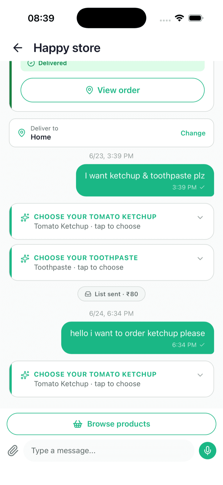 Sakhi Cloud customer chat: a shopper messages their local store and Sakhi Cloud suggests matching products to choose from