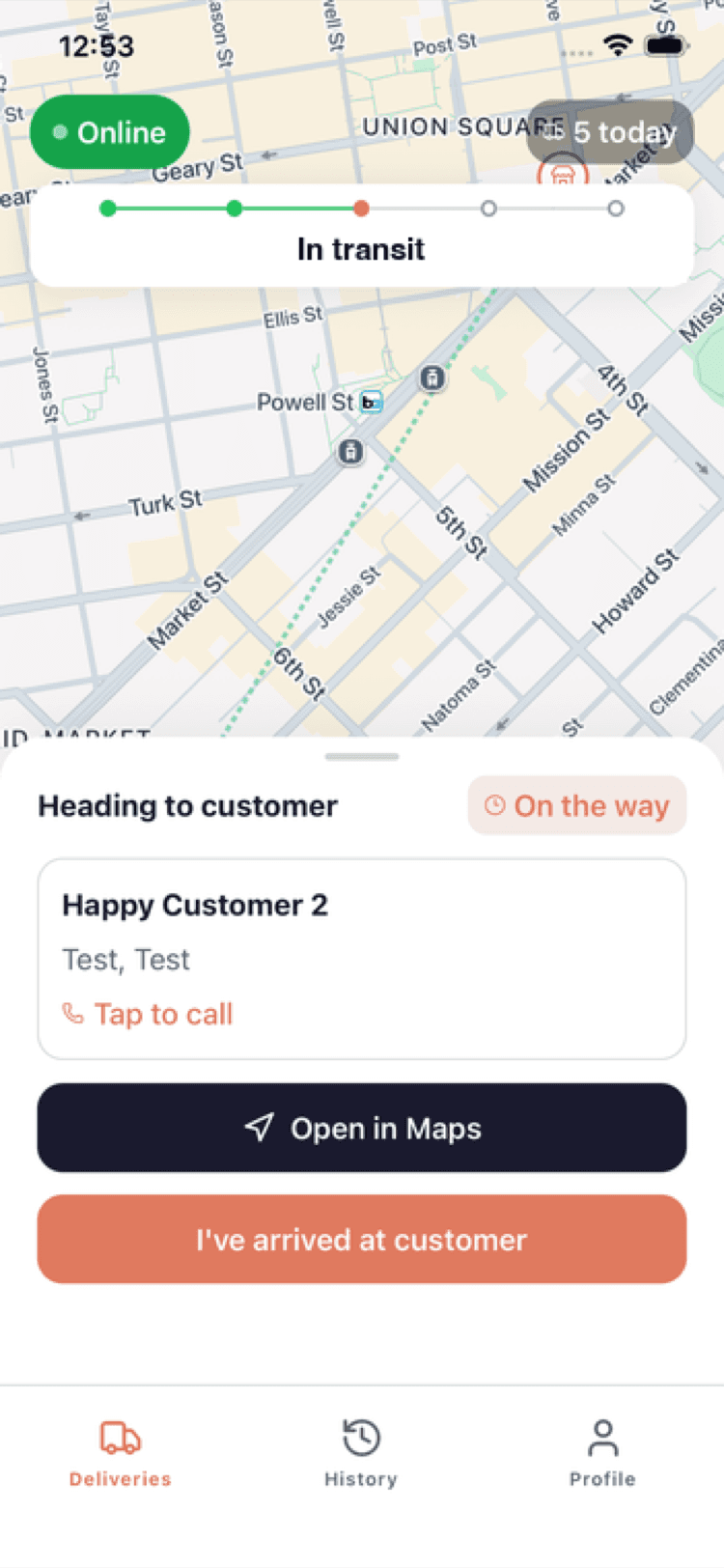 Sakhi Cloud delivery partner view with live map, delivery progress and one-tap navigation to the customer